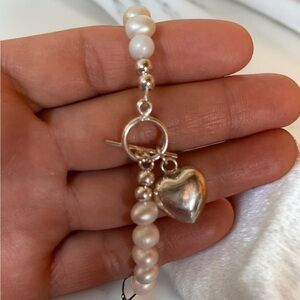 Elegant Silver Heart Charm Pearl Bracelet